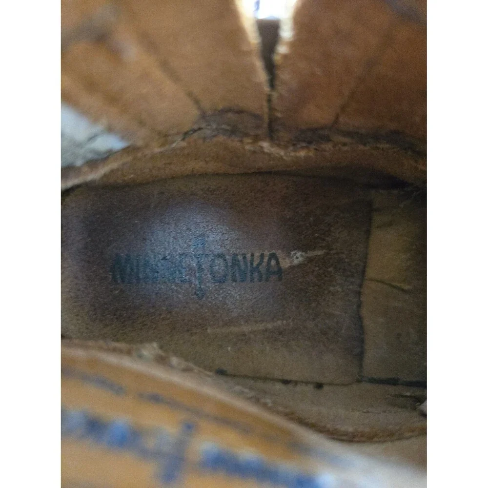 Minnetonka Kids Size 6 Double Fringe Moccasins Bootie Brown Leather Side Zipper